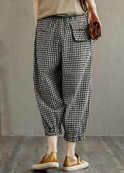 Bohemian Plaid Elastic Waist Pockets Harem Pants Linen - bagstylebliss