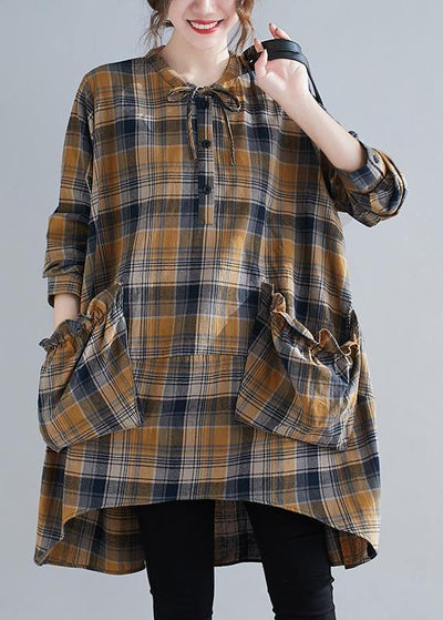 Bohemian Plaid Shirts O Neck Asymmetric Plus Size Clothing Spring Top - bagstylebliss