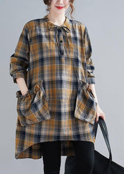 Bohemian Plaid Shirts O Neck Asymmetric Plus Size Clothing Spring Top - bagstylebliss