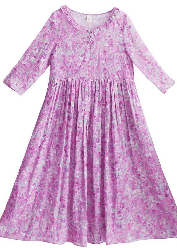 Bohemian Purple Print Quilting Dresses O Neck Ruffles Maxi Summer Dress - bagstylebliss