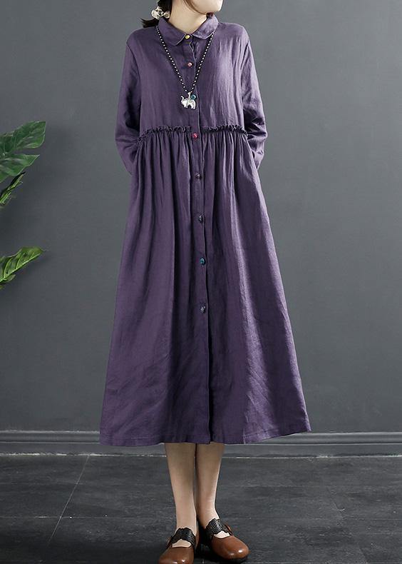 Bohemian Purple Tunic Pattern Lapel Ruffles Long Dress - bagstylebliss