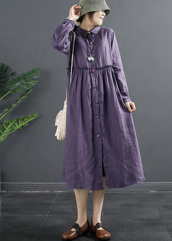 Bohemian Purple Tunic Pattern Lapel Ruffles Long Dress - bagstylebliss