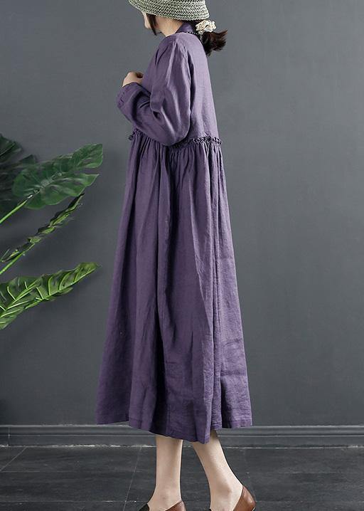 Bohemian Purple Tunic Pattern Lapel Ruffles Long Dress - bagstylebliss