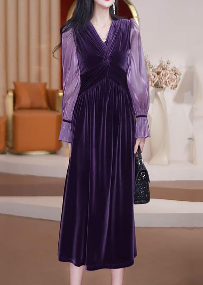 Bohemian Purple V Neck Patchwork Wrinkled Silk Velour Long Dresses Long Sleeve