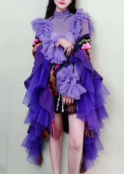 Bohemian Purple V Neck Tulle Patchwork Embroidered Knit Cape Long Sleeve