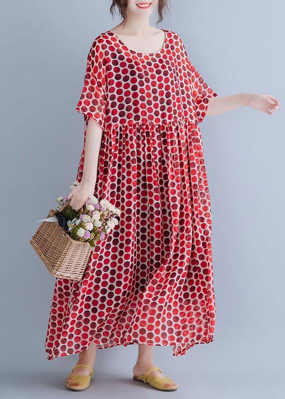 Bohemian Red Dotted O Neck Cinched Long Summer Dresses - bagstylebliss