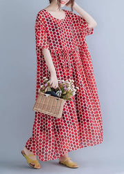 Bohemian Red Dotted O Neck Cinched Long Summer Dresses - bagstylebliss