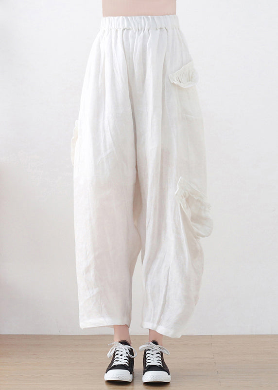 Bohemian Red Elastic Waist Pockets Linen Harem Pants Summer