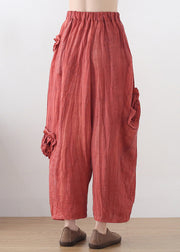 Bohemian Red Elastic Waist Pockets Linen Harem Pants Summer