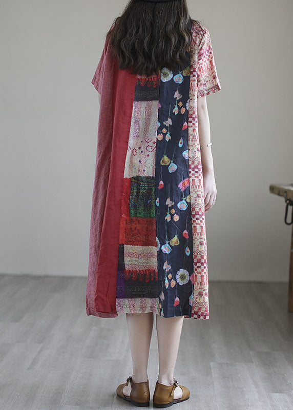 Bohemian Red Loose Patchwork Linen Fall Short Sleeve Long Dresses