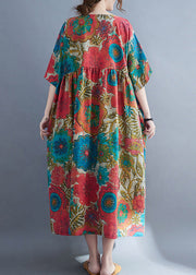 Bohemian Red O-Neck Cinched Print Linen Long Dress Short Sleeve