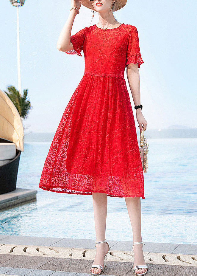 Bohemian Red O-Neck Original Design Lace Dresses Short Sleeve