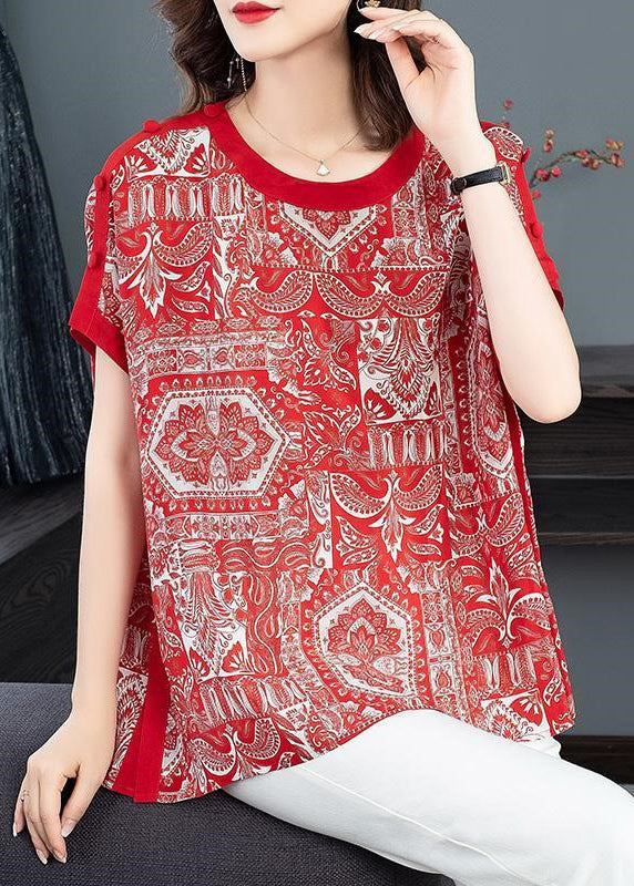 Bohemian Red O-Neck Print Drapierende Chiffon-Tanktops mit kurzen Ärmeln