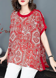 Bohemian Red O-Neck Print Draping Chiffon Tank Tops Short Sleeve