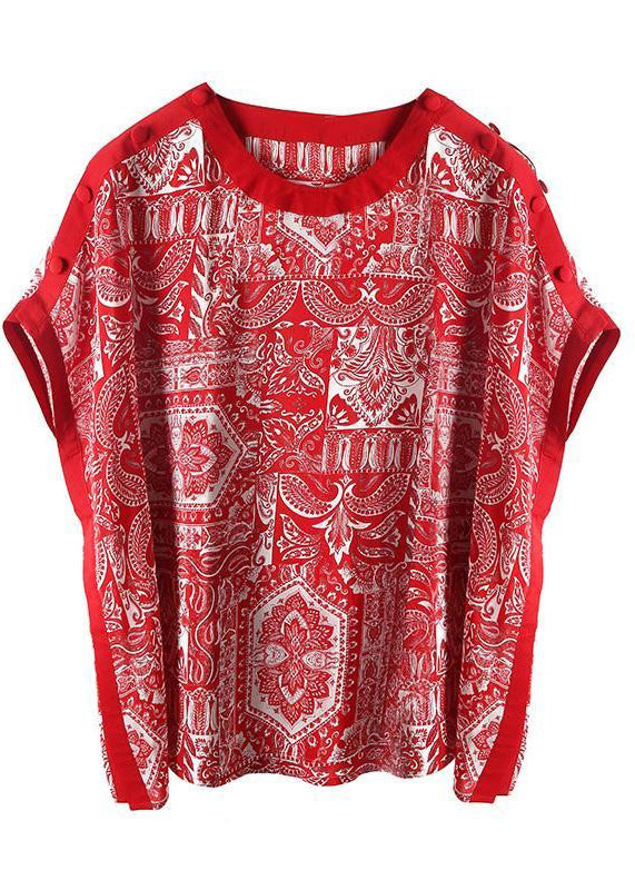 Bohemian Red O-Neck Print Draping Chiffon Tank Tops Short Sleeve