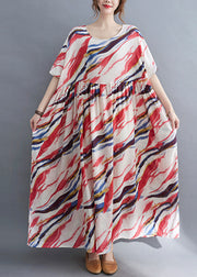 Bohemian Red O-Neck Print wrinkled Long Dress Short Sleeve