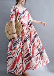 Bohemian Red O-Neck Print wrinkled Long Dress Short Sleeve