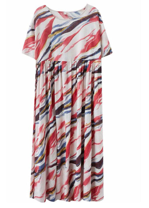 Bohemian Red O-Neck Print wrinkled Long Dress Short Sleeve