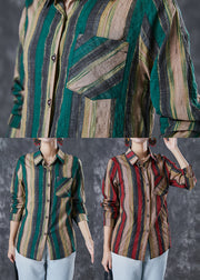 Bohemian Red Peter Pan Collar Striped Linen Shirt Top Fall