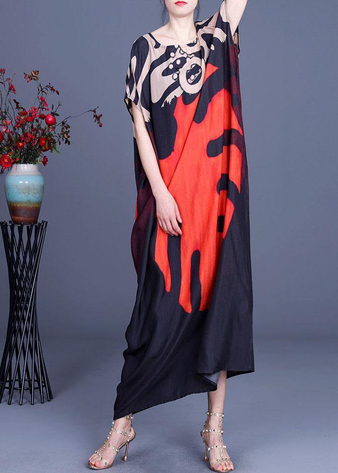 Bohemian Red Print O-Neck Silk Summer Maxi Dresses - bagstylebliss