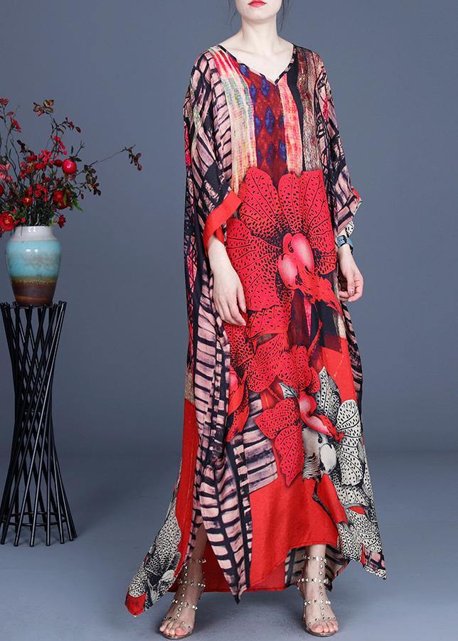 Bohemian Red Print side open Maxi Summer Chiffon Dress - bagstylebliss