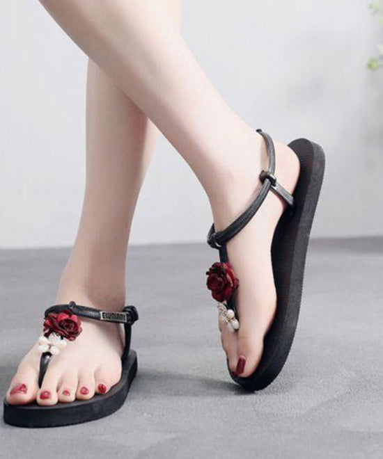 Bohemian Red Splicing Floral Peep Toe Flat Sandals Fitted