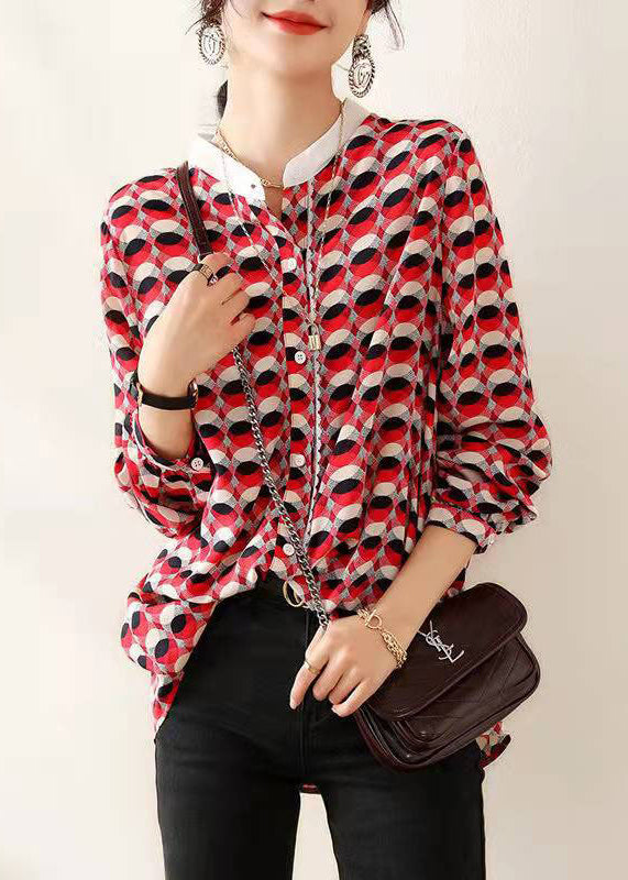 Bohemian Red Stand Collar Print Chiffon Shirt Top Long Sleeve