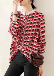 Bohemian Red Stand Collar Print Chiffon Shirt Top Long Sleeve