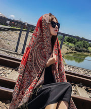 Bohemian Red Tasseled Print Cotton Shawl