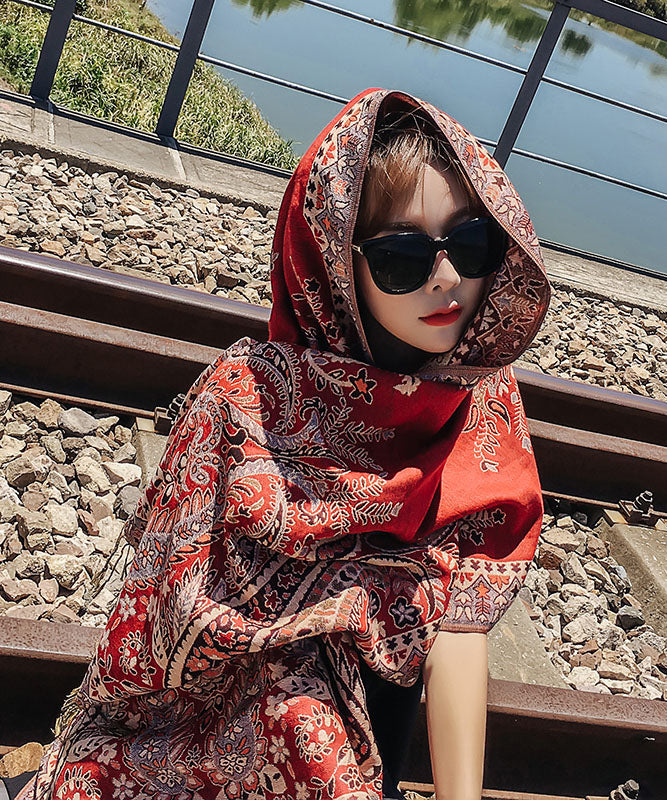 Bohemian Red Tasseled Print Cotton Shawl