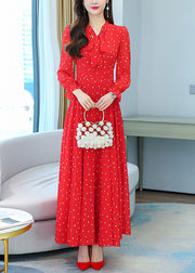 Bohemian Red V Neck Bow Print Chiffon Maxi Dresses Lantern Sleeve