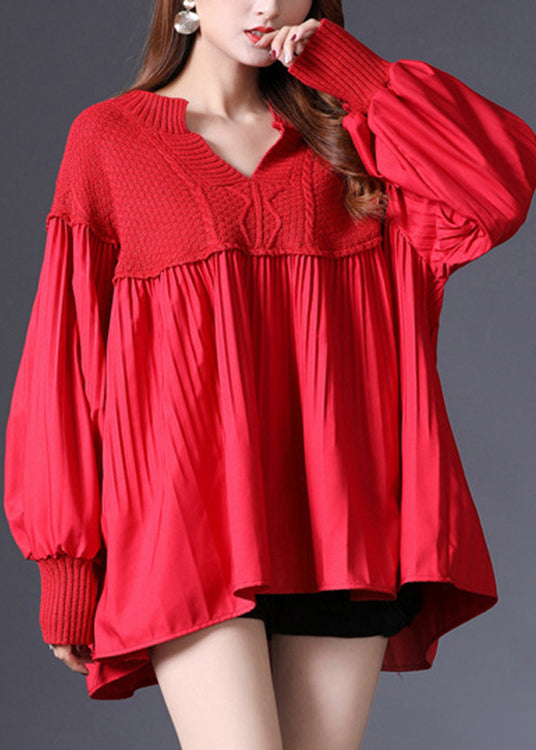 Bohemian Red V Neck Patchwork Knit Pullover Spring