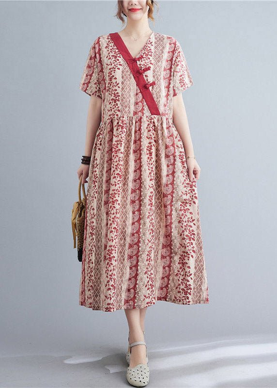 Bohemian Red V Neck Print Button Long Dress Short Sleeve