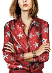 Bohemian Red button Peter Pan Collar print Silk Blouse Top Long Sleeve