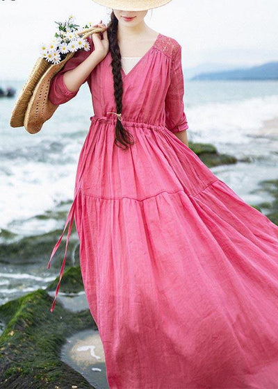 Bohemian Rose Patchwork Lace Pockets Maxi Summer Linen Dress - bagstylebliss