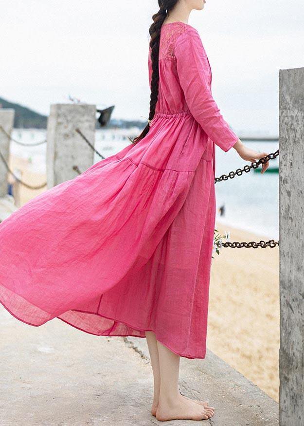 Bohemian Rose Patchwork Lace Pockets Maxi Summer Linen Dress - bagstylebliss