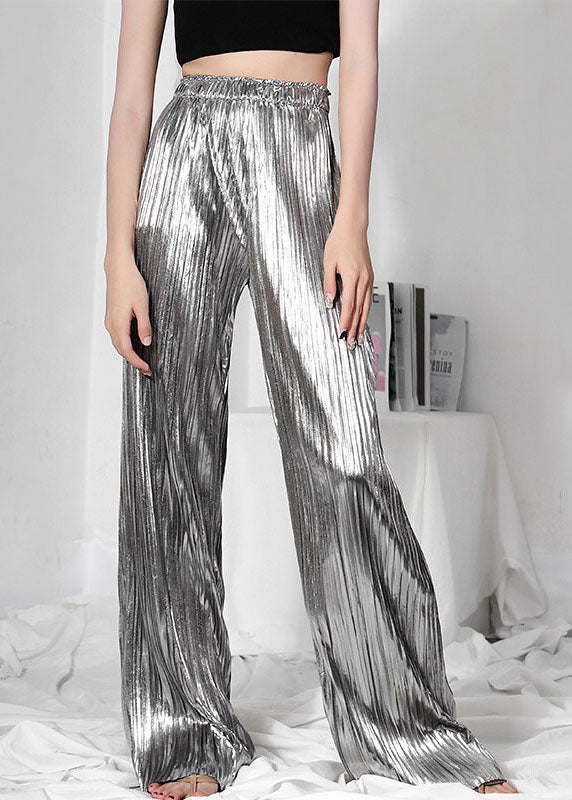 Bohemian Silver Casual Wrinkled Summer Wide Leg Pants