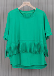 Bohemian Solid Green O-Neck Patchwork Cotton Tank Tops Short Sleeve