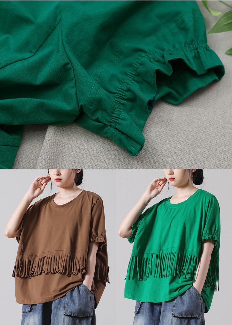 Bohemian Solid Green O-Neck Patchwork Cotton Tank Tops Short Sleeve