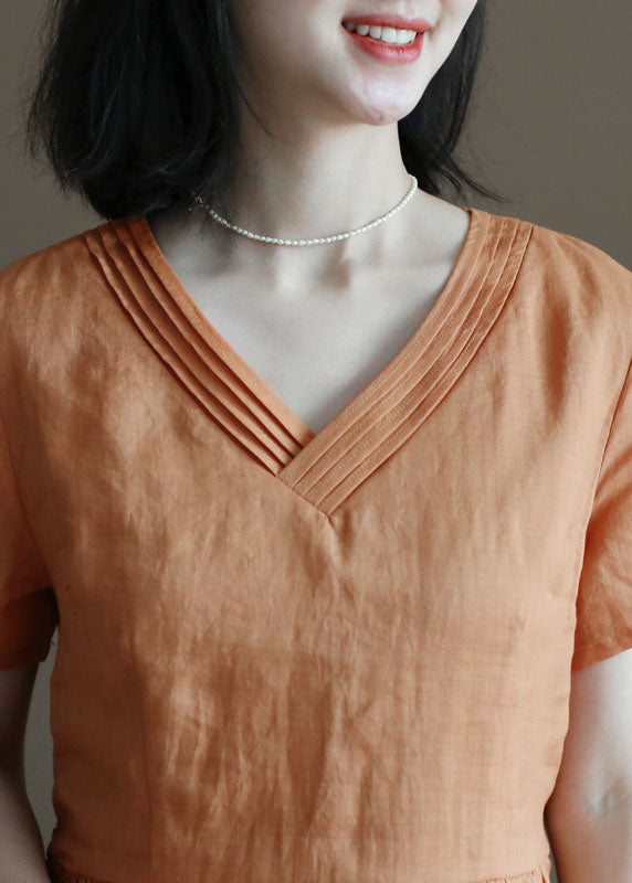 Bohemian Solid Orange V-Ausschnitt, zerknittertes Leinen-Cinch-Kleid mit kurzen Ärmeln