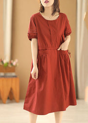 Bohemian Solid Red O-Neck Drawstring Cotton Holiday Dress Short Sleeve