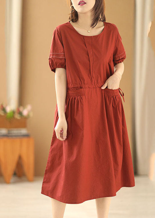 Bohemian Solid Red O-Neck Drawstring Cotton Holiday Dress Short Sleeve