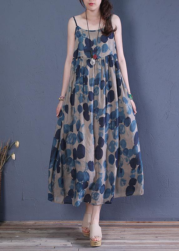 Bohemian Spaghetti Strap Cinched cotton dresses Runway blue print A Line Dress - bagstylebliss