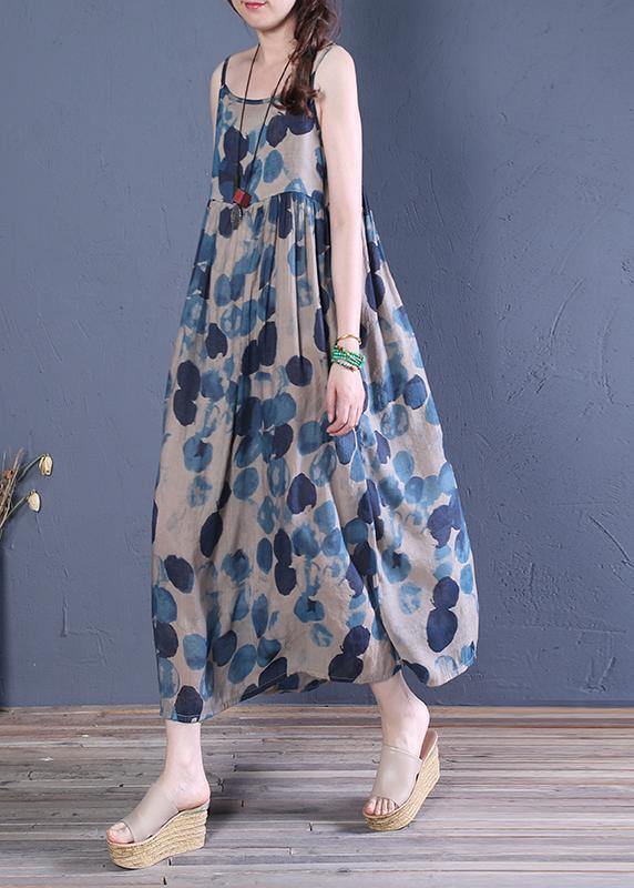 Bohemian Spaghetti Strap Cinched cotton dresses Runway blue print A Line Dress - bagstylebliss