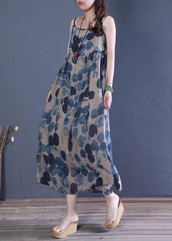 Bohemian Spaghetti Strap Cinched cotton dresses Runway blue print A Line Dress - bagstylebliss