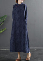 Bohemian Stand Collar dress Blue Jacquard Maxi Dresses - bagstylebliss