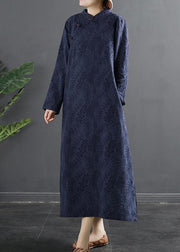 Bohemian Stand Collar dress Blue Jacquard Maxi Dresses - bagstylebliss