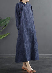 Bohemian Stand Collar dress Blue Jacquard Maxi Dresses - bagstylebliss