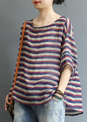 Bohemian Striped O-Neck Asymmetrical Design Print Fall Top