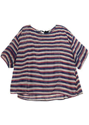 Bohemian Striped O-Neck Asymmetrical Design Print Fall Top